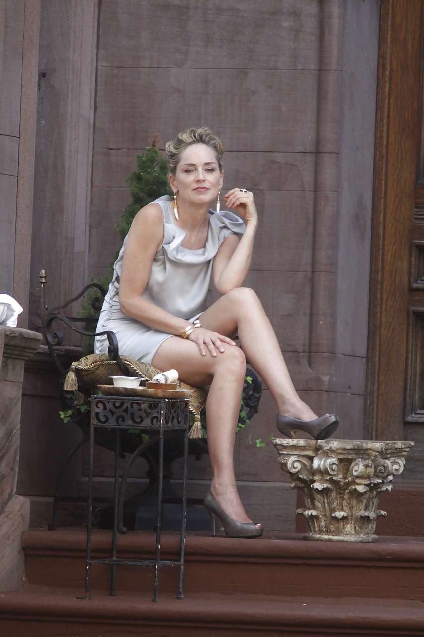 Sharon Stone showing her panties upskirt while spread cream on her legs #75286189