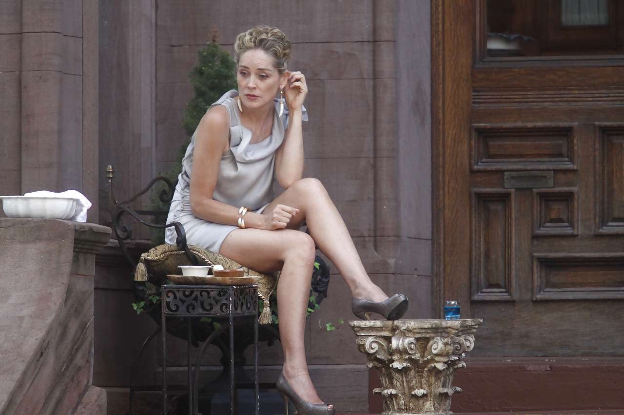 Sharon Stone showing her panties upskirt while spread cream on her legs #75286203