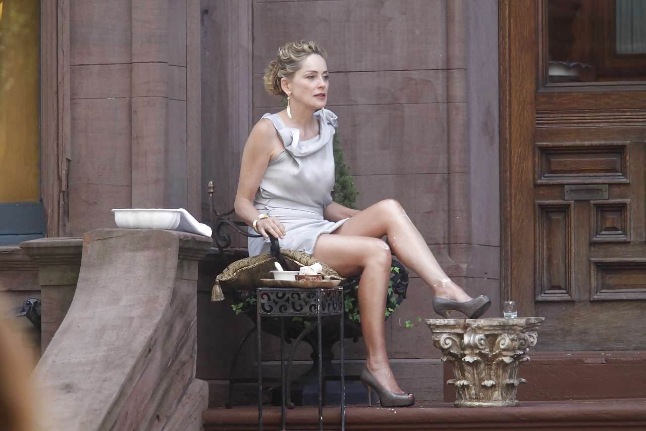 Sharon Stone showing her panties upskirt while spread cream on her legs #75286208