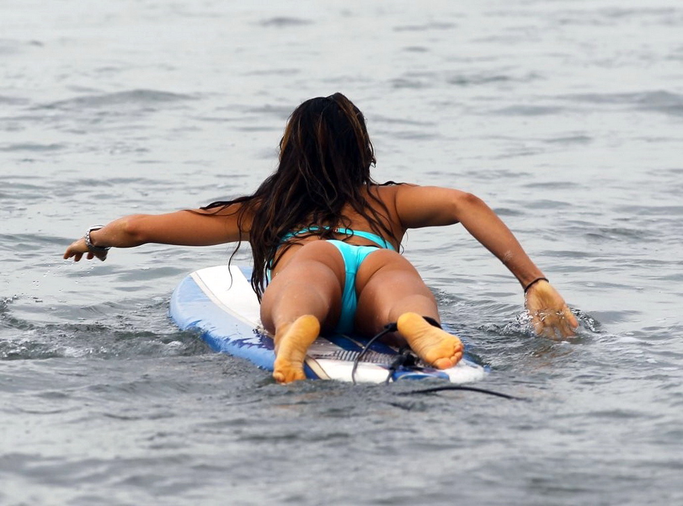 Leilani Dowding in a strapless sky blue bikini surfing in Venice Beach #75224597