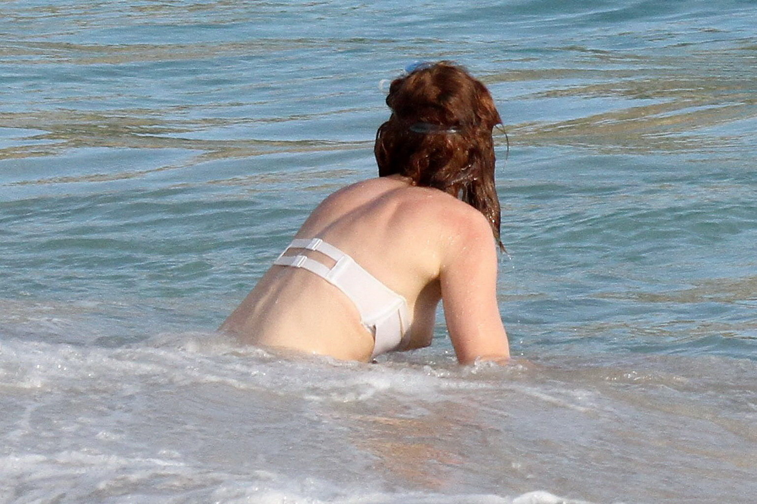 Busty Lily Cole tube bikini malfunction on a beach in St. Barts #75244760