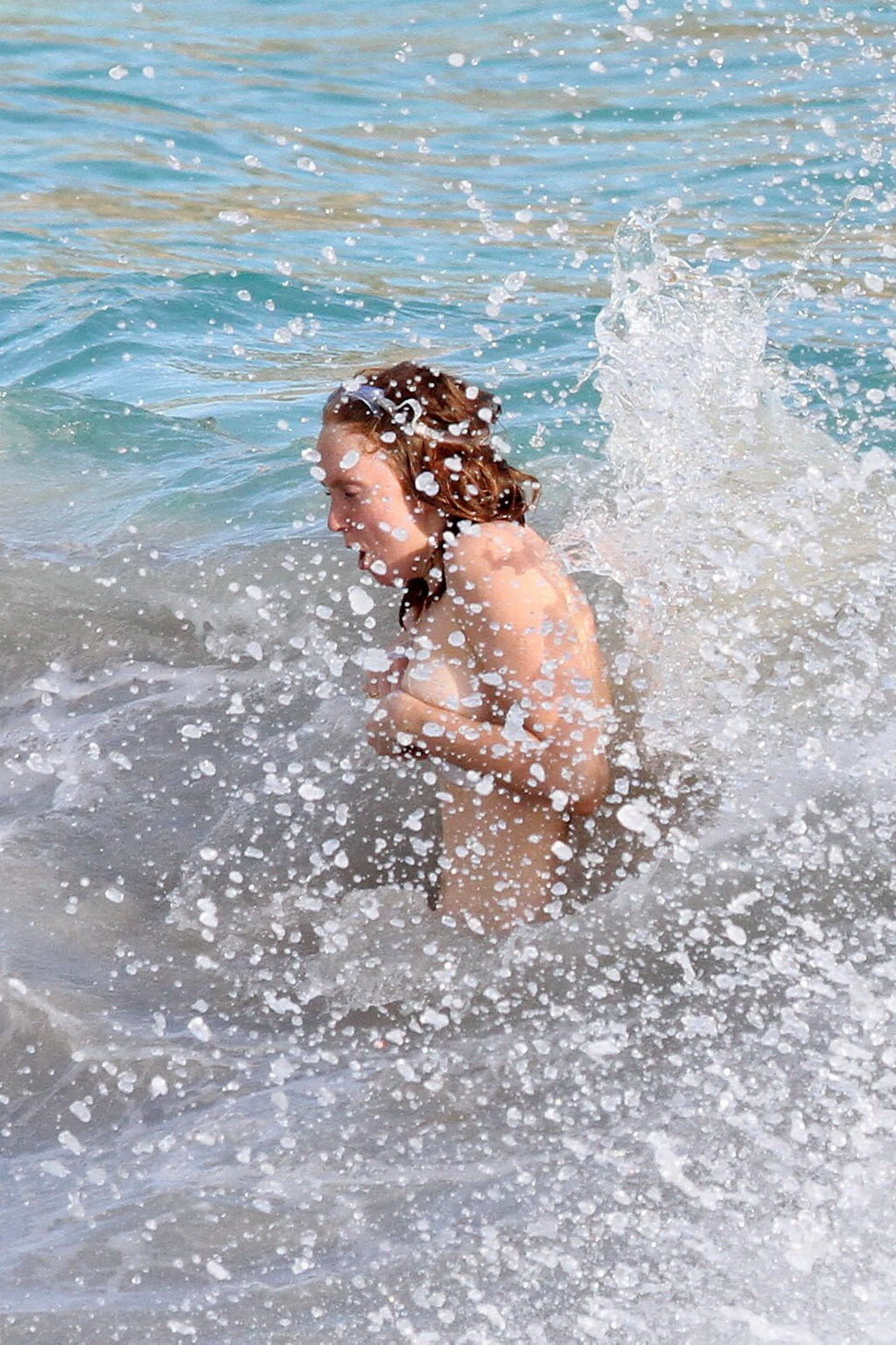 Busty Lily Cole tube bikini malfunction on a beach in St. Barts #75244799