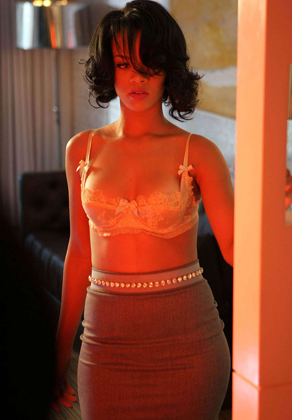 Rihanna posing very sexy in bra and show tits in see thru top #75359435