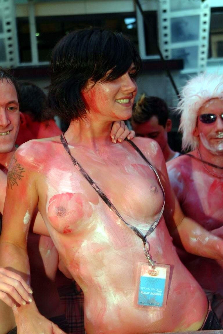 Trashy and sexy chicks in body paint parade themselves naked #76396646