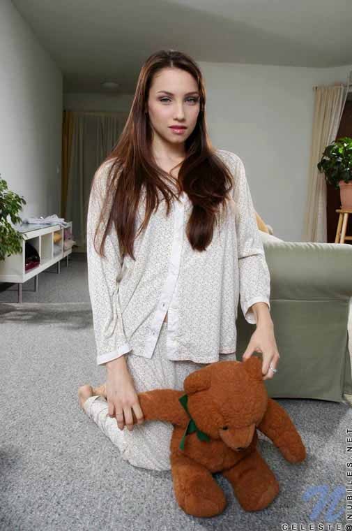 Beautiful brunette teen posing with her teddy bear #75088231