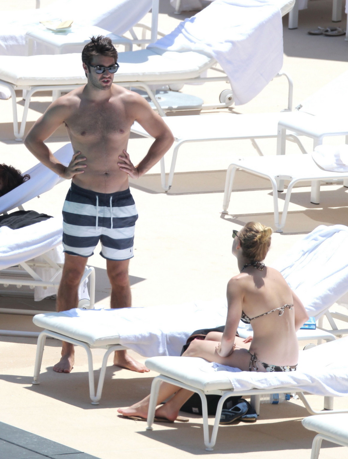 Emily VanCamp in snake print bikini petting with her boyfriend poolside in Monac #75259937