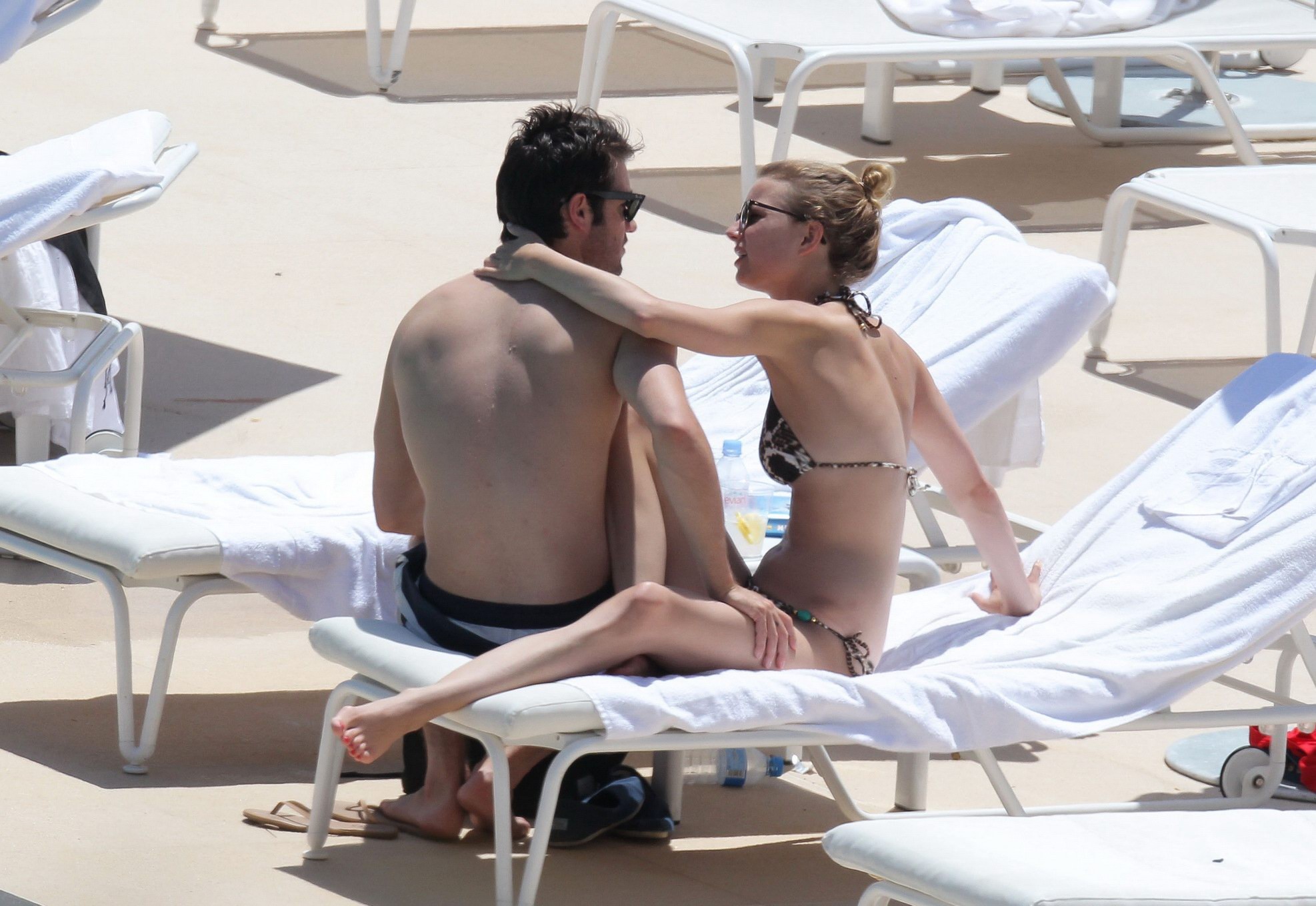 Emily VanCamp in snake print bikini petting with her boyfriend poolside in Monac #75259947