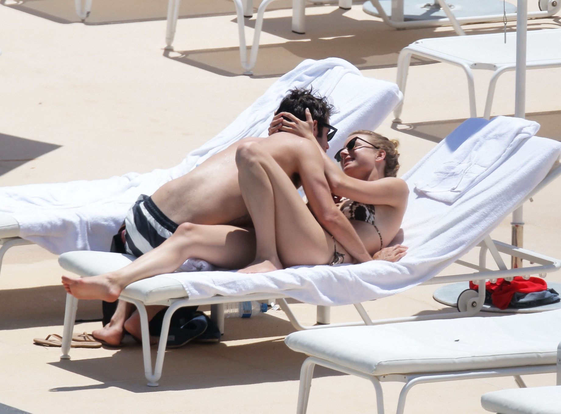 Emily VanCamp in snake print bikini petting with her boyfriend poolside in Monac #75259955