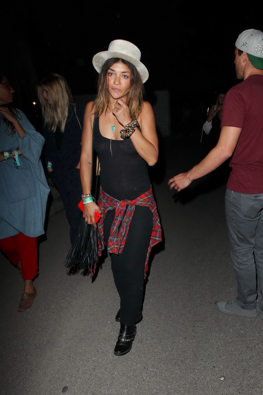 Jessica Szohr showing boobs braless in black see through dress at Coachella Musi #75166660