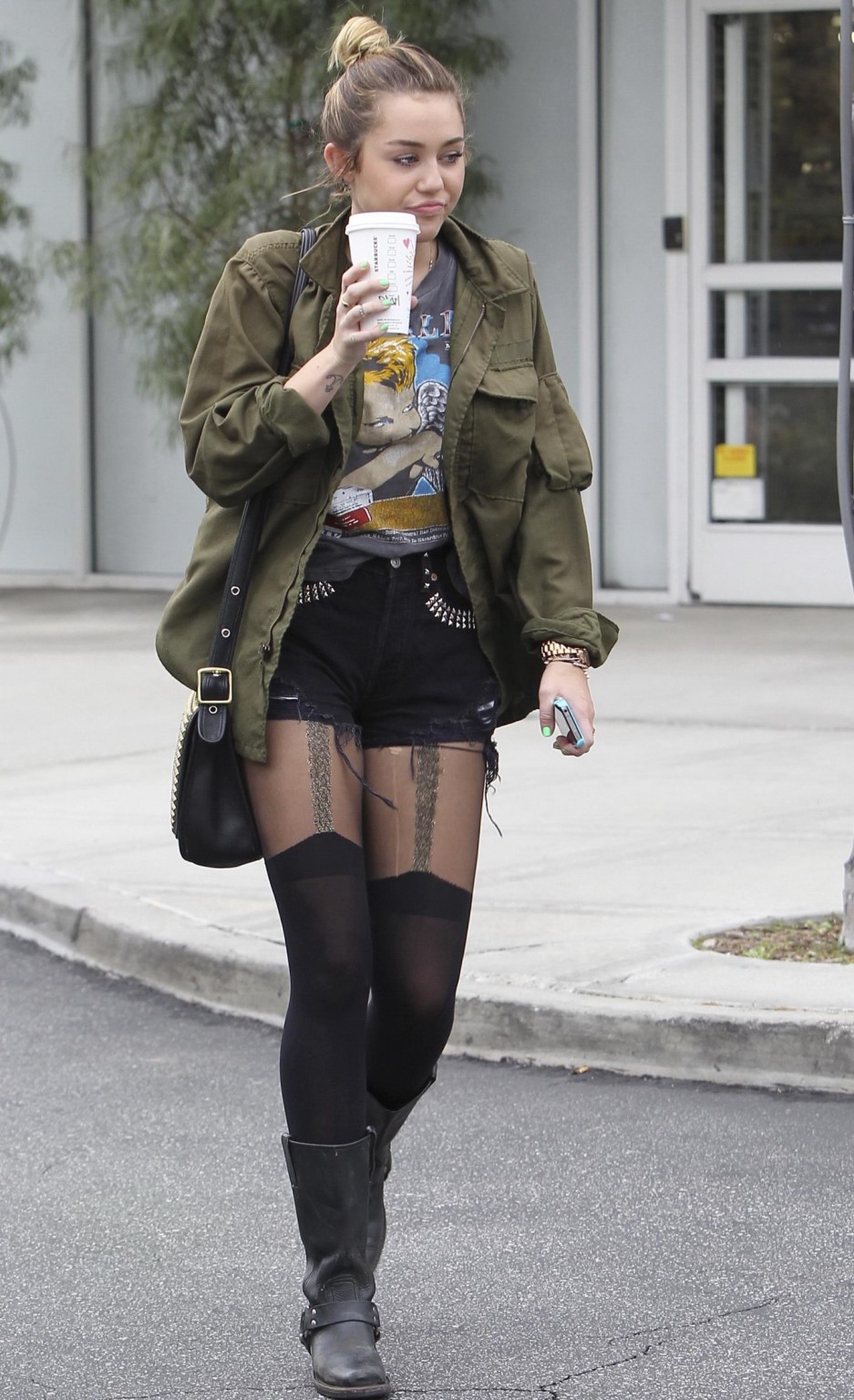 Miley cyrus leggy wearing stockings biker boots outside starbucks in hollywood
 #75274256