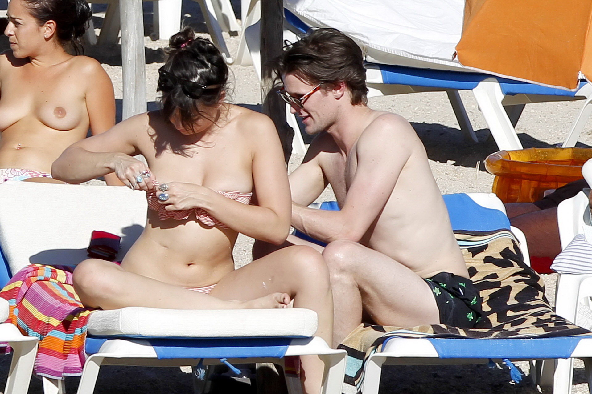 Daisy Lowe topless tanning her big boobs on the beach in Ibiza #75334964