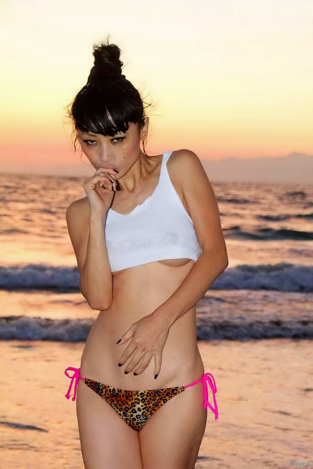 Bai Ling showing boobs in a seethru belly top and tiny leopard print bikini duri #75184416