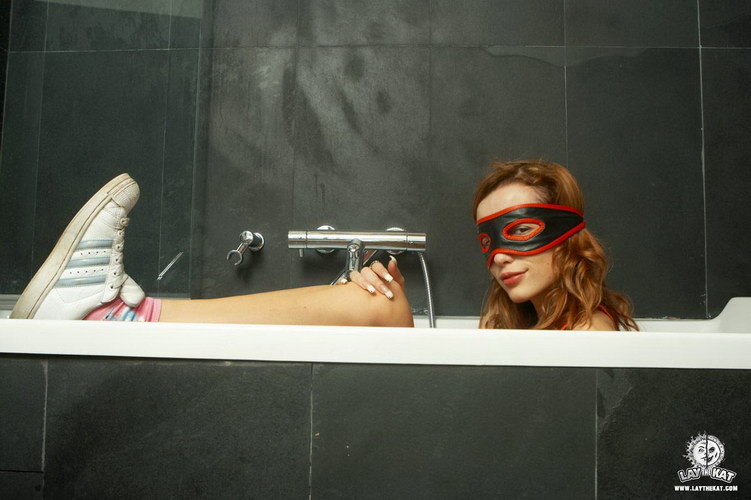 Adorable masked redhead teen beauty exposing herself in bathroom #79058961