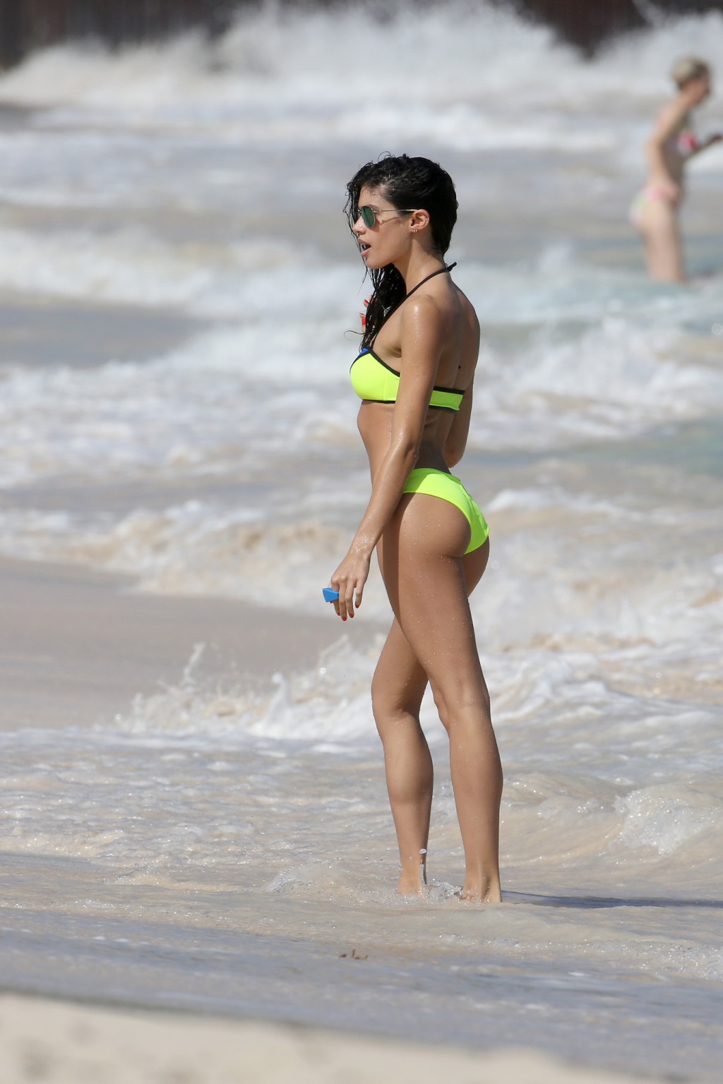 Sara Sampaio shooting in skimpy blue and yellow bikini at some Caribbean beach #75180418