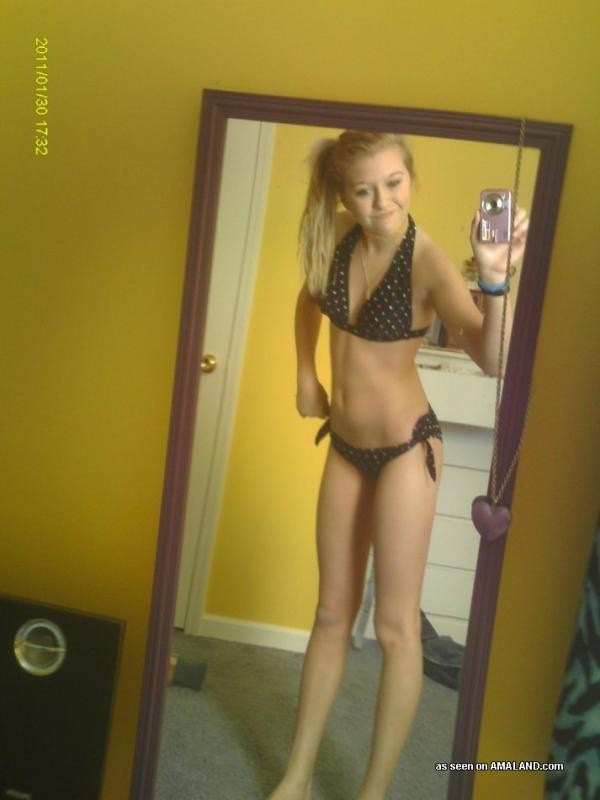 Blonde teen chick modeling bikinis while self-shooting #76132519