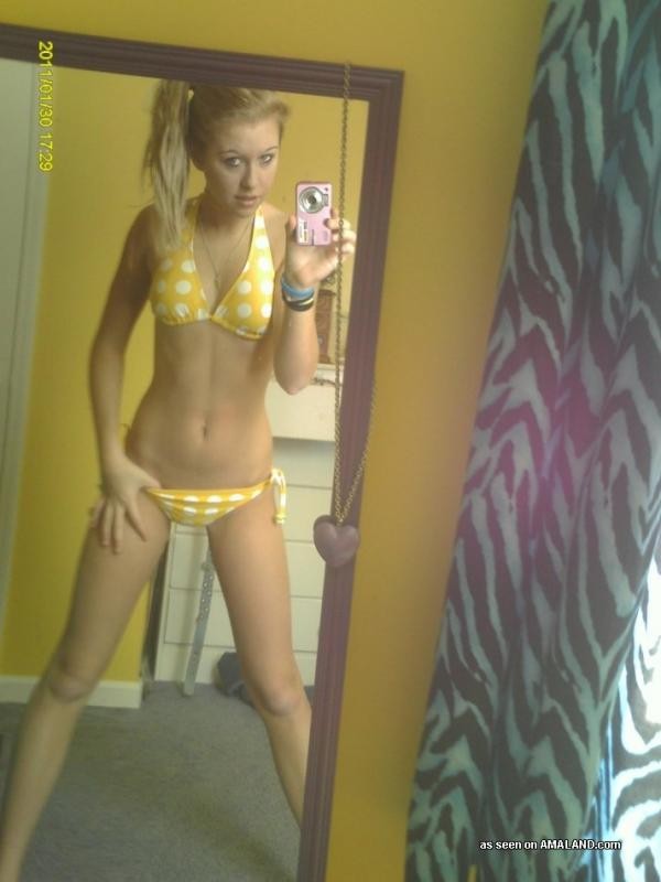 Blonde teen chick modeling bikinis while self-shooting #76132535