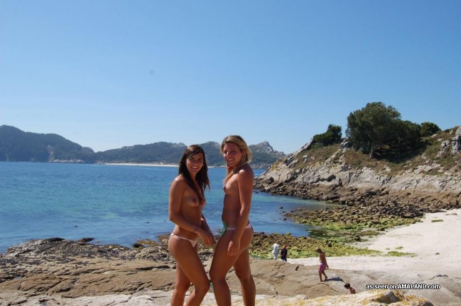 Three amateur lesbian teen GFs vacationing topless on the beach #72250681