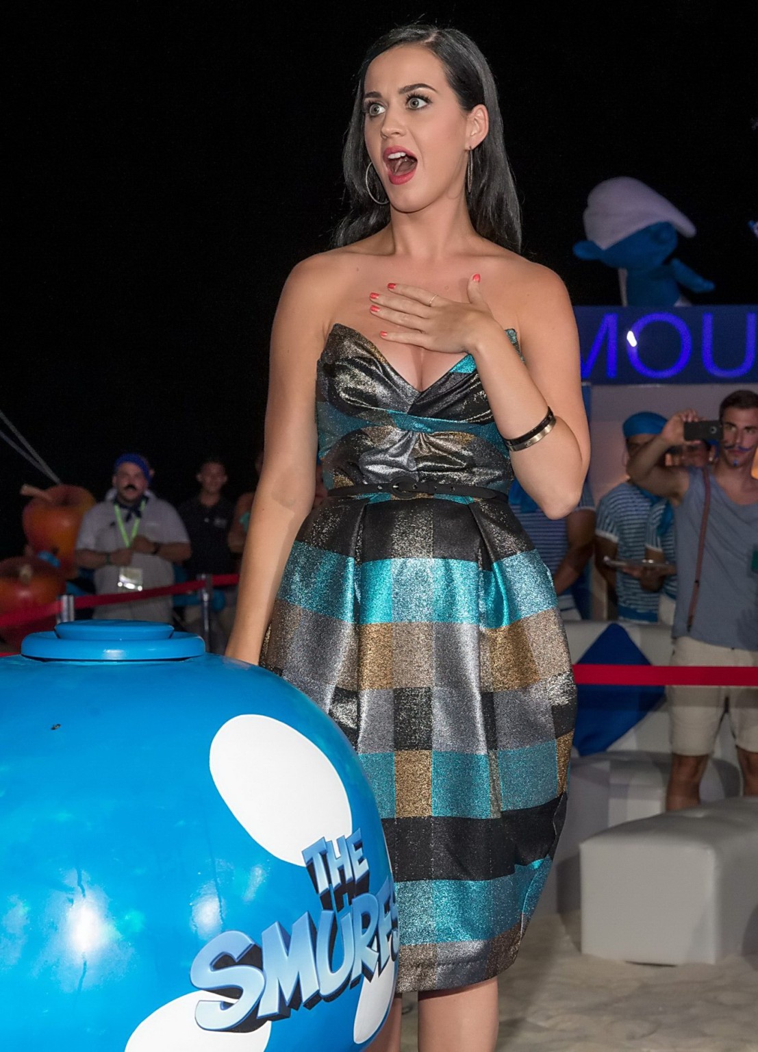 Katy Perry showing big cleavage in a hot strapless dress at The Smurfs 2 party a