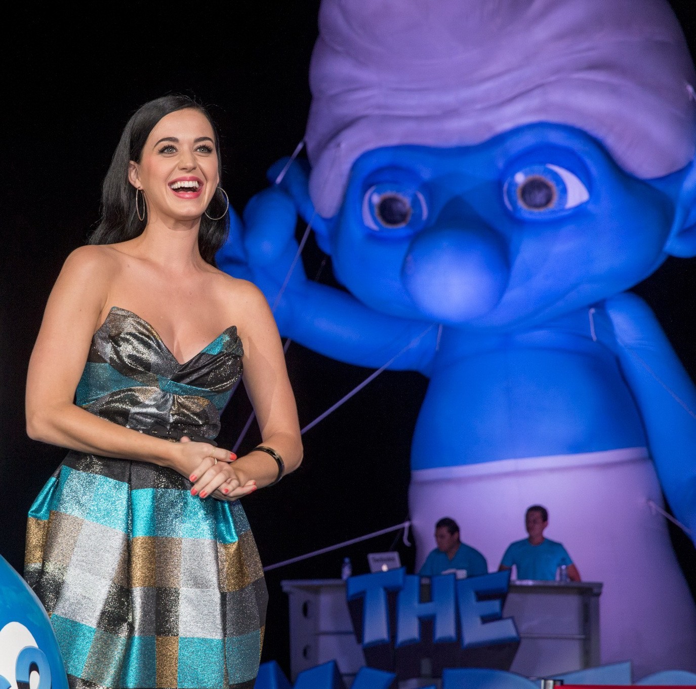 Katy Perry showing big cleavage in a hot strapless dress at The Smurfs 2 party a #75234265