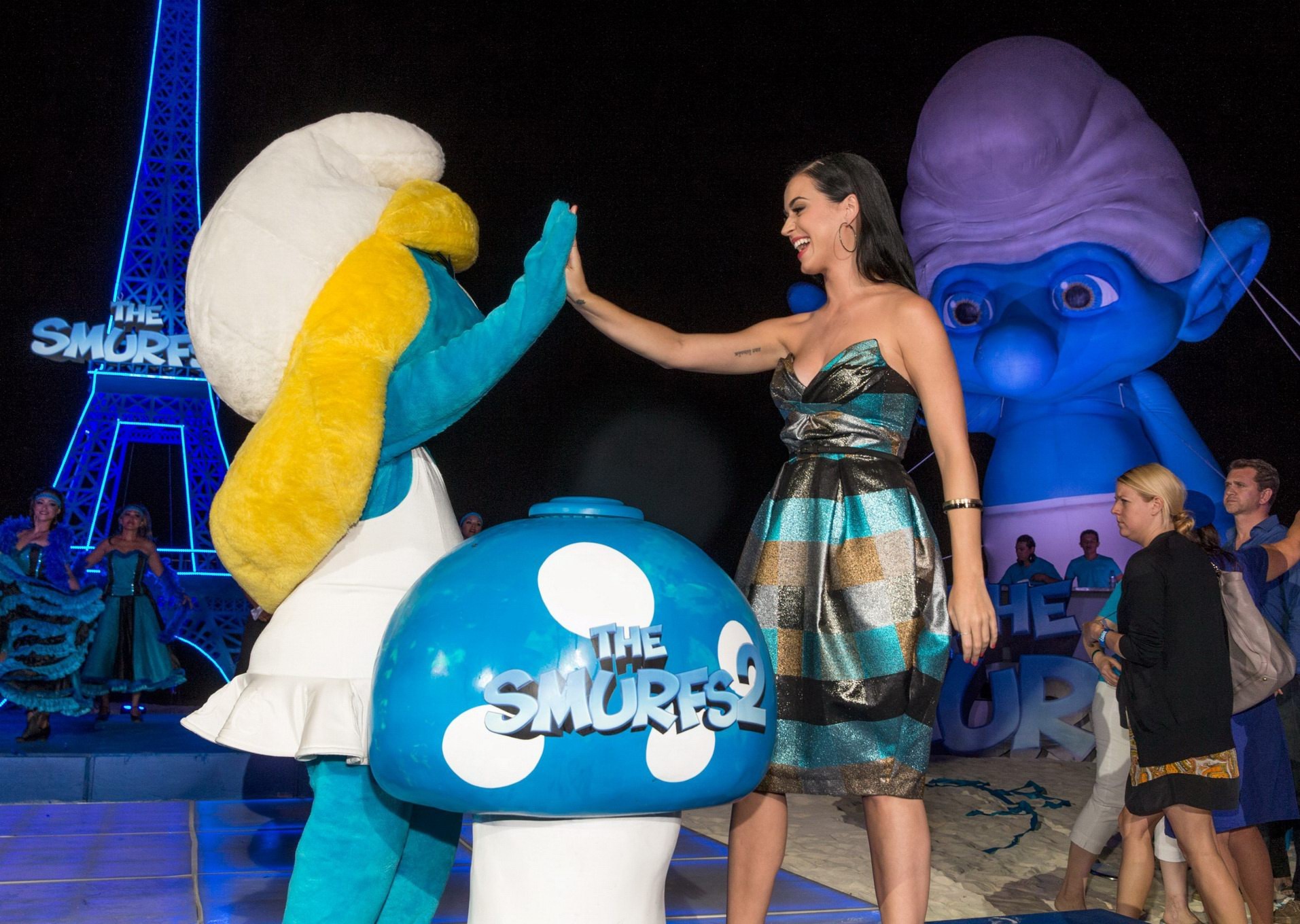 Katy Perry showing big cleavage in a hot strapless dress at The Smurfs 2 party a #75234416