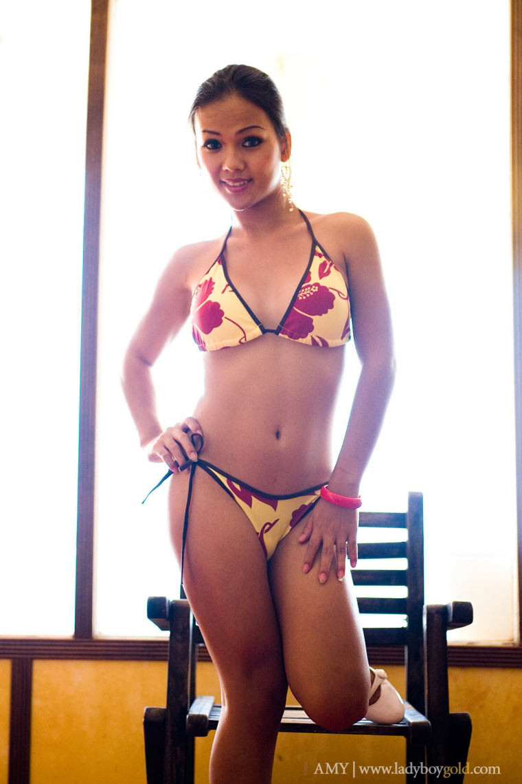 Asiatischer Ladyboy zieht ihren Bikini aus
 #70048604