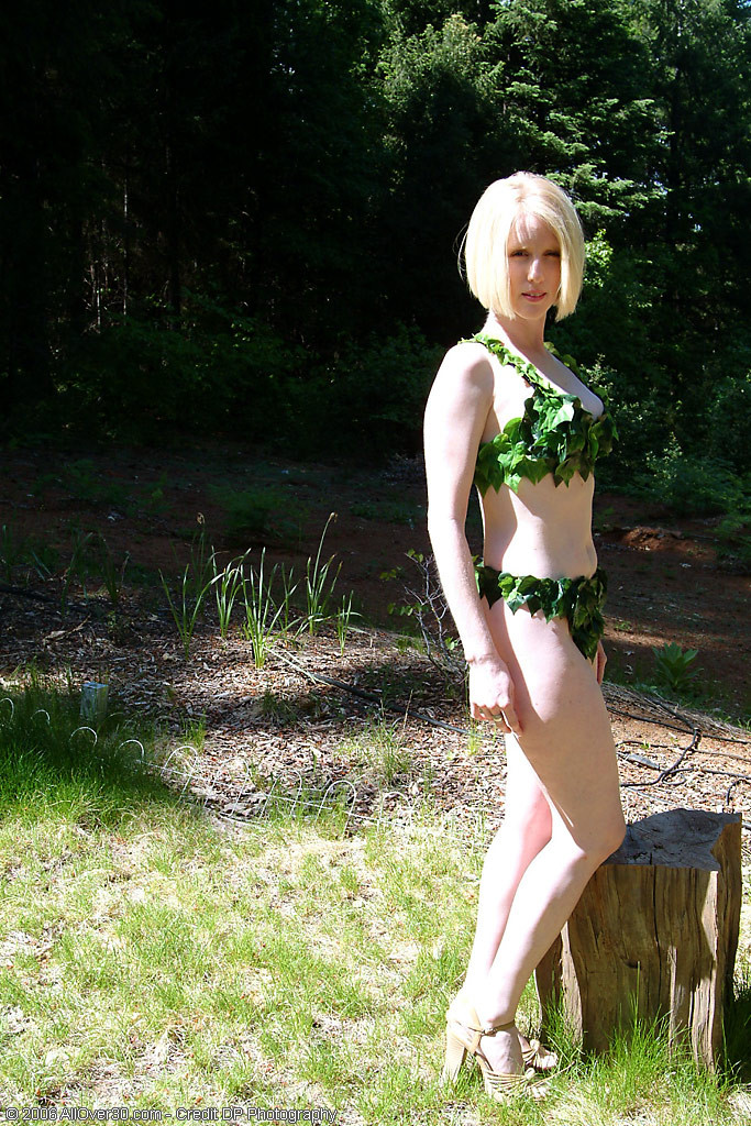 leafy brasiere shaved pussy mature blonde posing outdoors #70618573