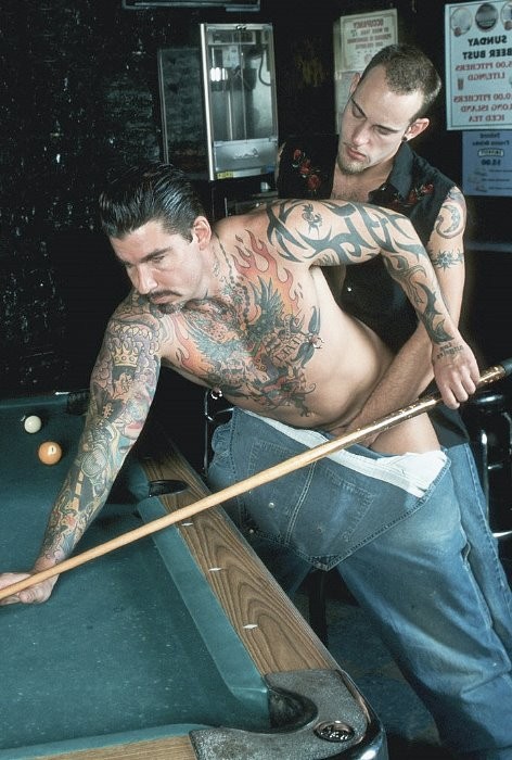 Tottooed muscles enjoy each others cock on a billiard table #76936521