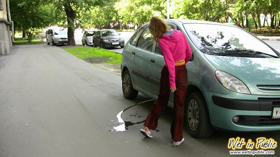 Public peeing in the crimson pants and flashing the orange panties #73243813