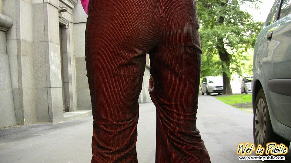 Public peeing in the crimson pants and flashing the orange panties #73243828