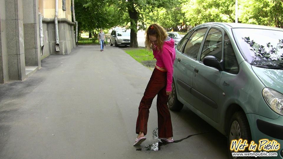 Public peeing in the crimson pants and flashing the orange panties #73243855