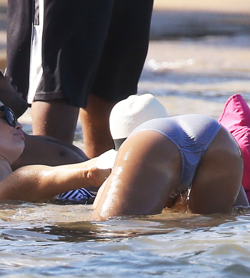 Jessica Alba showing pokies and ass in tiny striped bikini on Caribbean #75169028