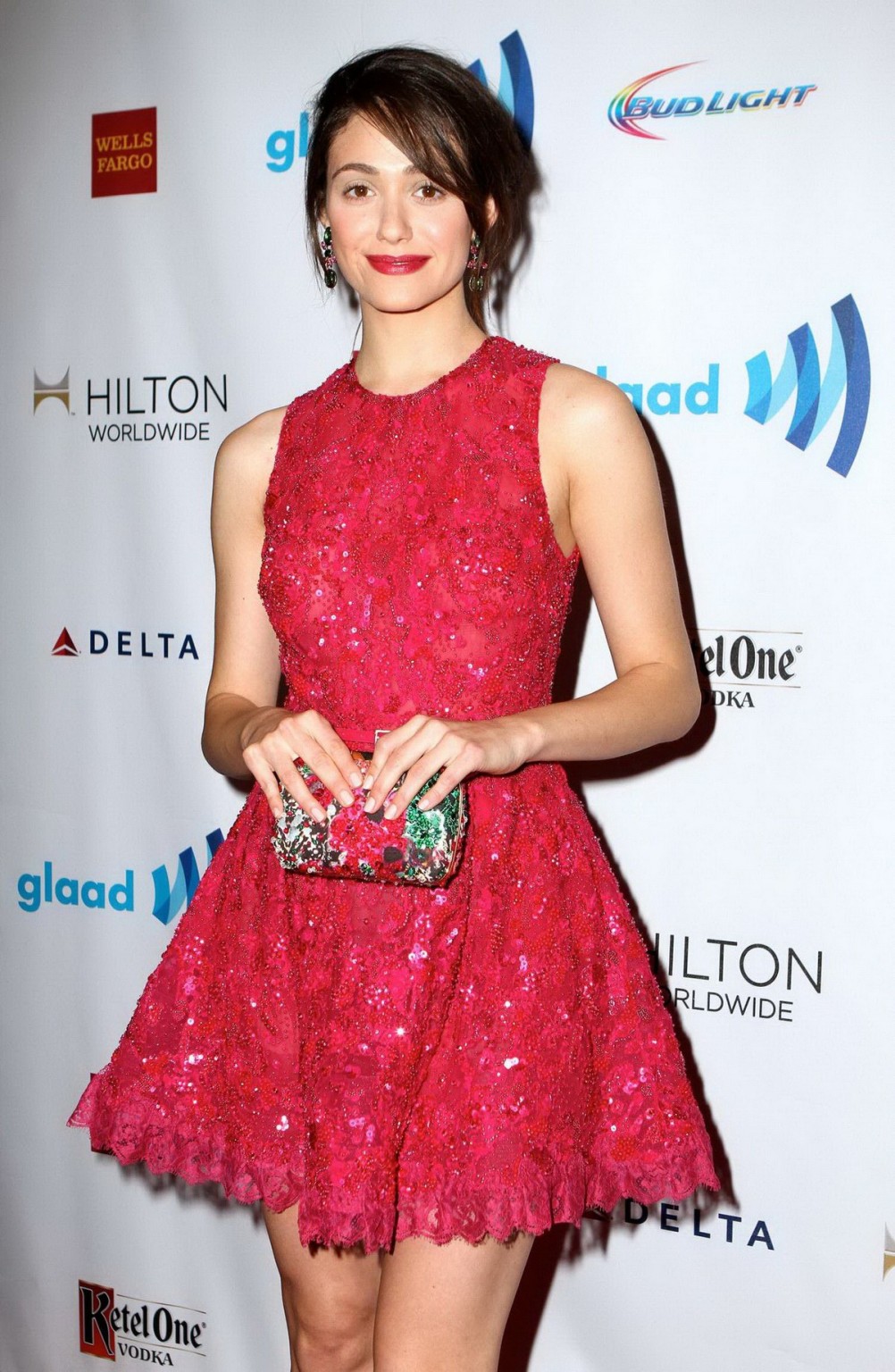 Emmy Rossum leggy wearing slightly transparent red lace mini dress in NYC #75197377