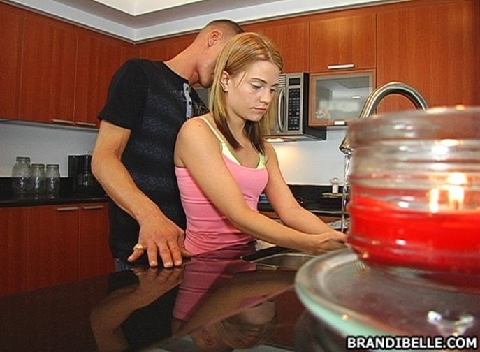 Brandi Belle rubbing a guys cock in her kitchen #74985038