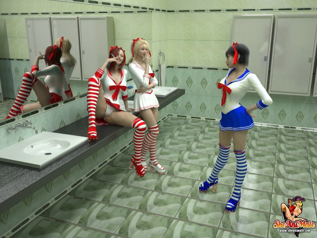 Shemale Schoolgirls Screwing in the Bathroom #69626652