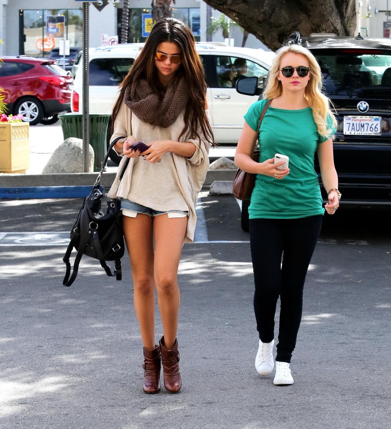 Selena Gomez Leggy Wearing A Denim Shorts  Ankle Boots At 'Little Cafe' In LA
