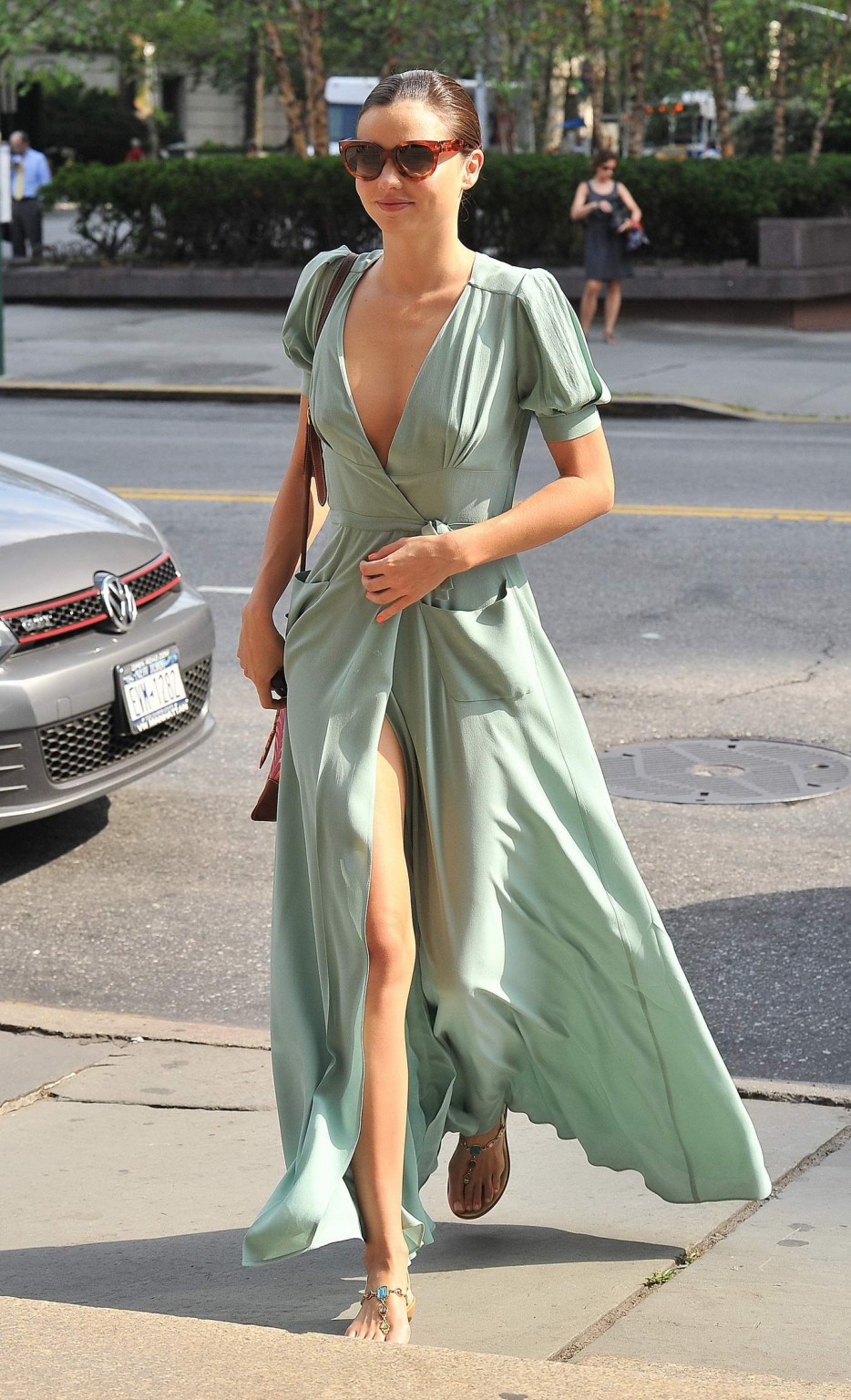 Miranda Kerr shows pokies  panties wearing a green summer dress in NYC #75257540