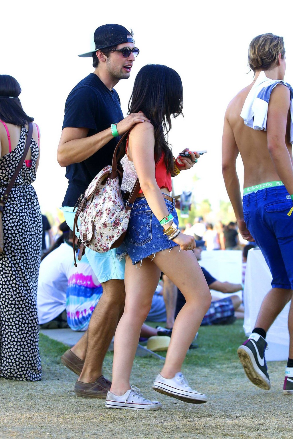 Lucy Hale wearing tiny red belly top and denim shorts at 2013 Coachella Music an #75234791