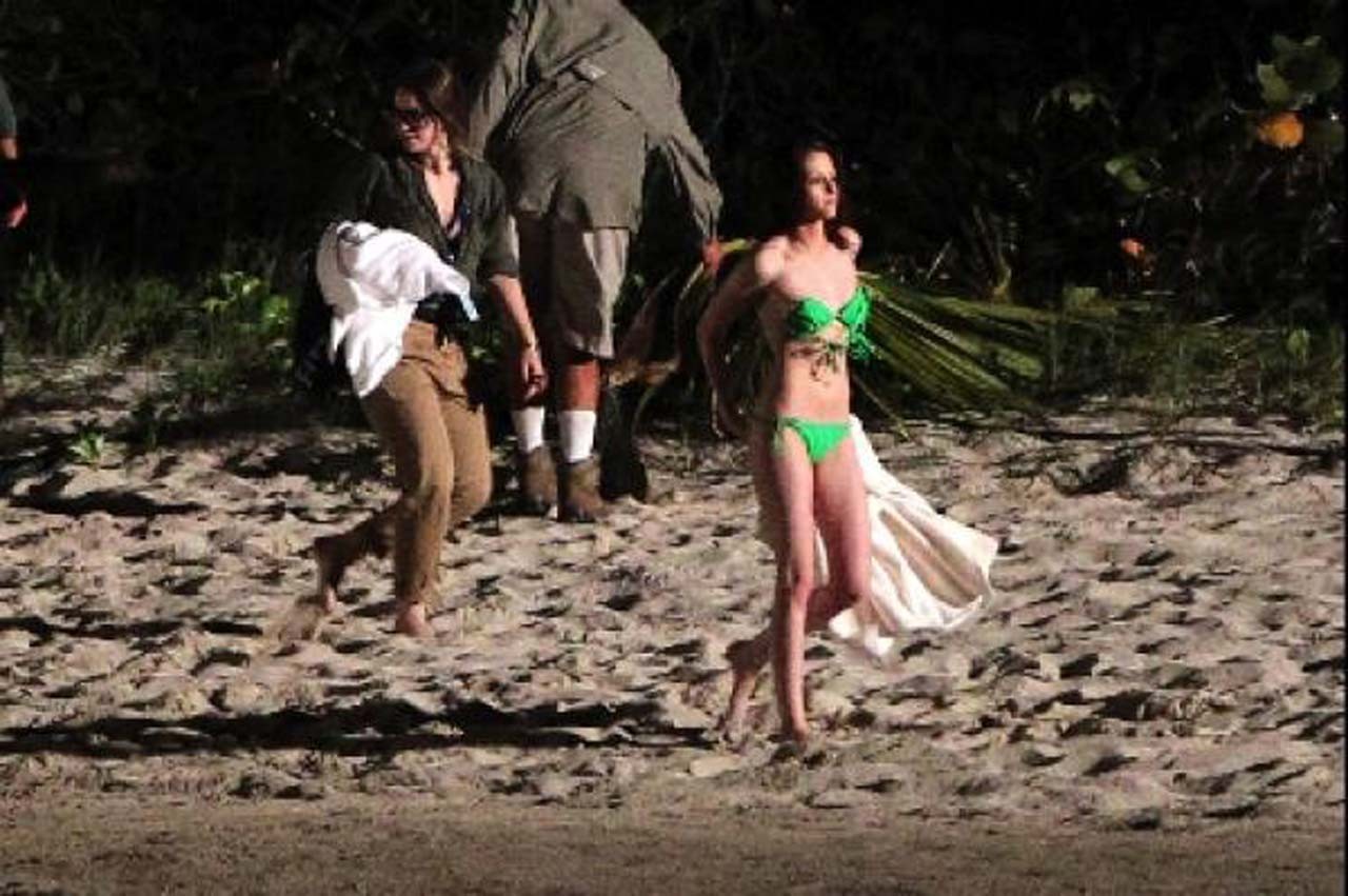 Kristen Stewart exposing her sexy body and nice tits in green bikini #75306649