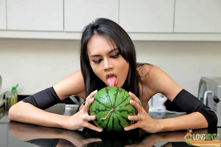 Ladyboy Longmint fucks a melon like a freak #77895651