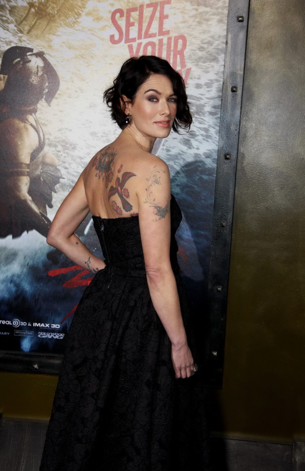 Lena Headey busty wearing black strapless maxi dress at the 300: Rise of an Empi #75202757