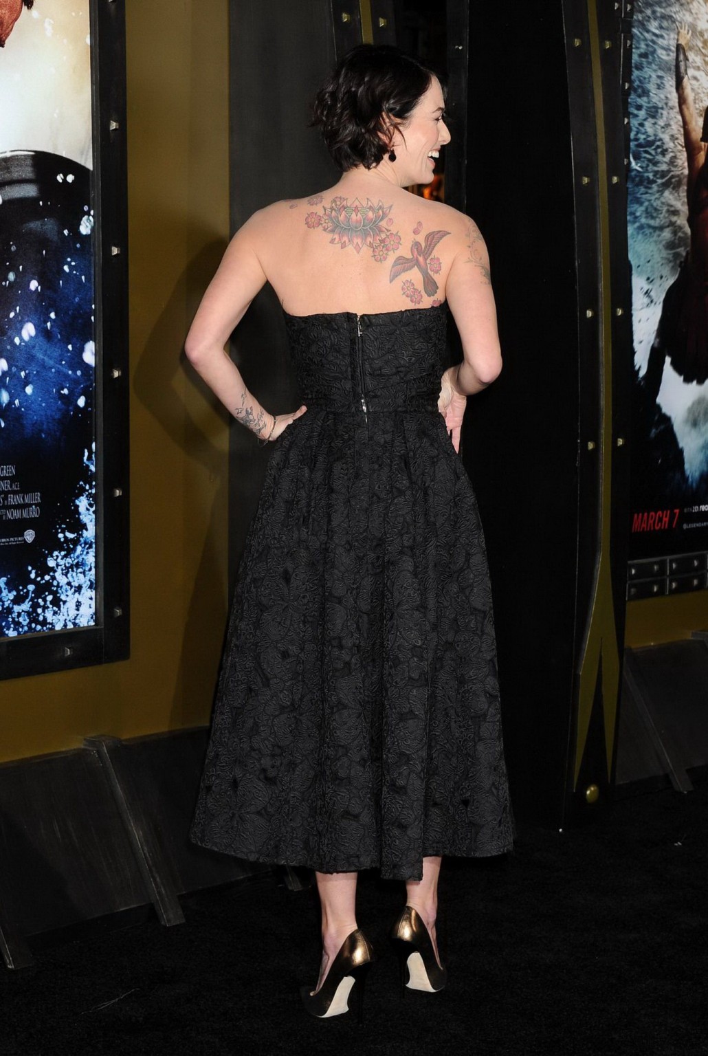 Lena Headey busty wearing black strapless maxi dress at the 300: Rise of an Empi #75202786