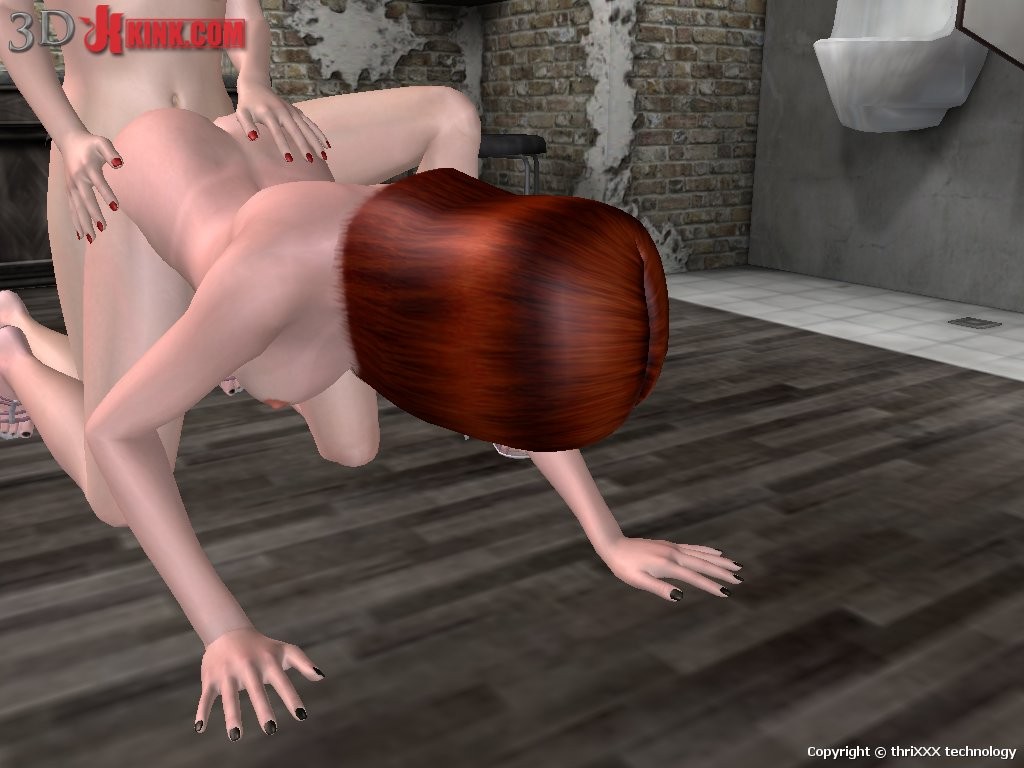 Lesbian strap-on fucking in filthy restroom - created in 3D game #69359543