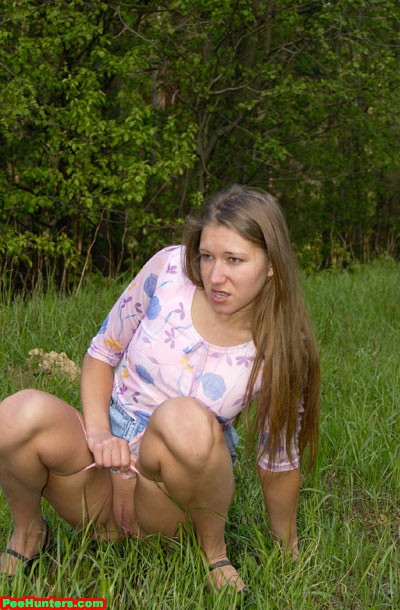 Longhair amateur blonde girl peeing outdoors #78617152