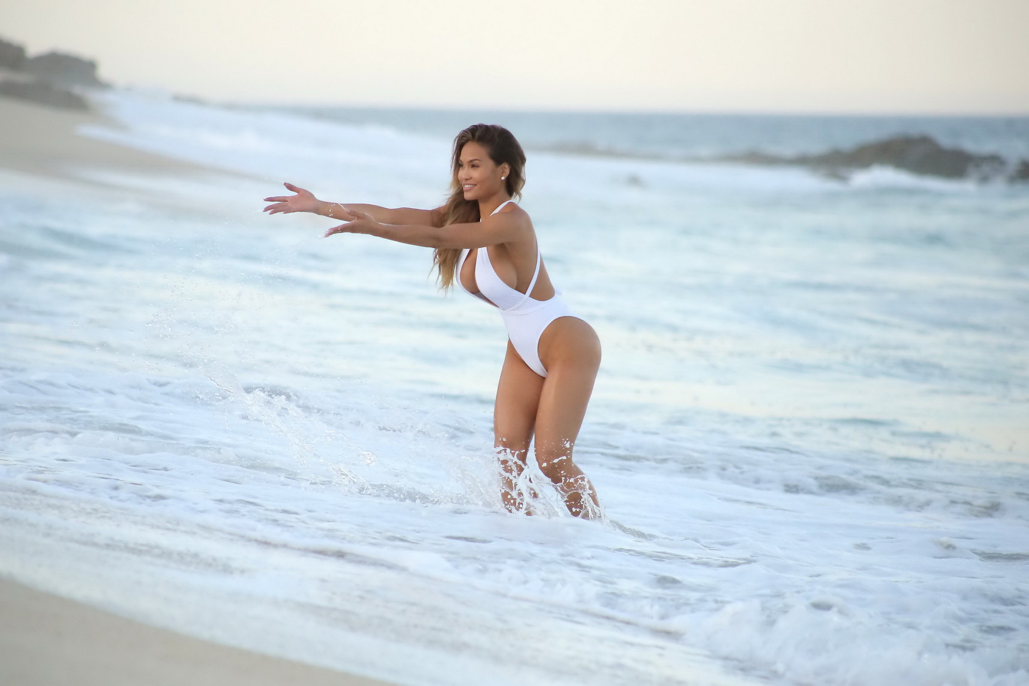Daphne Joy shows off her huge boobs in tiny white swimsuit #75140497