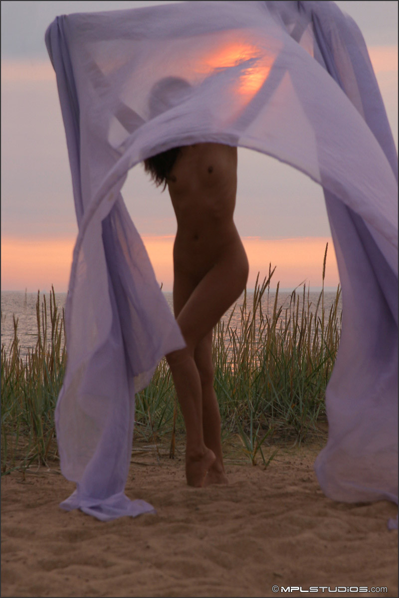 Sexy nacktes Babe tanzt im Sonnenuntergang
 #72841902