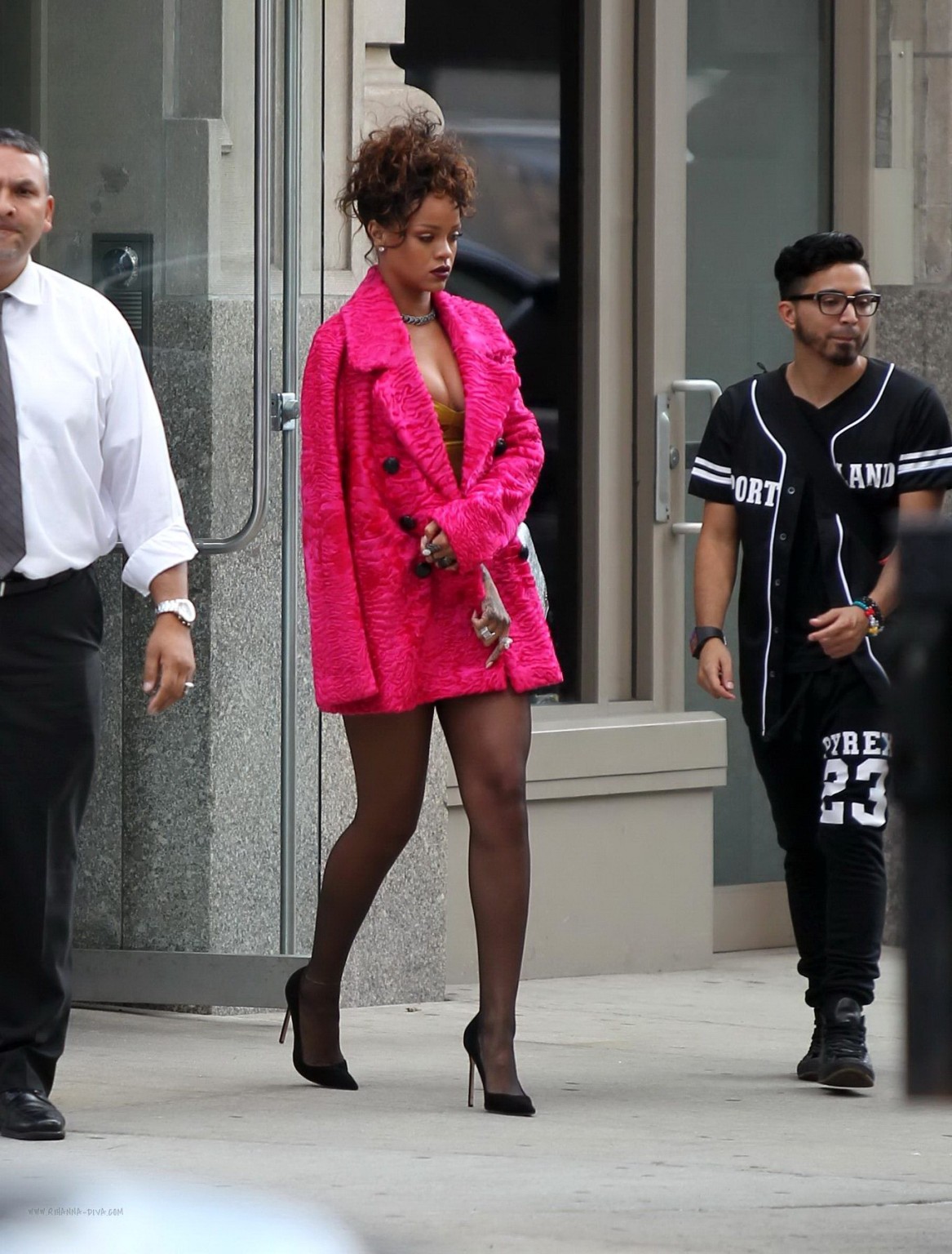 Rihanna shows cleavage and legs wearing a little yellow dress outside Nobu resta #75183272