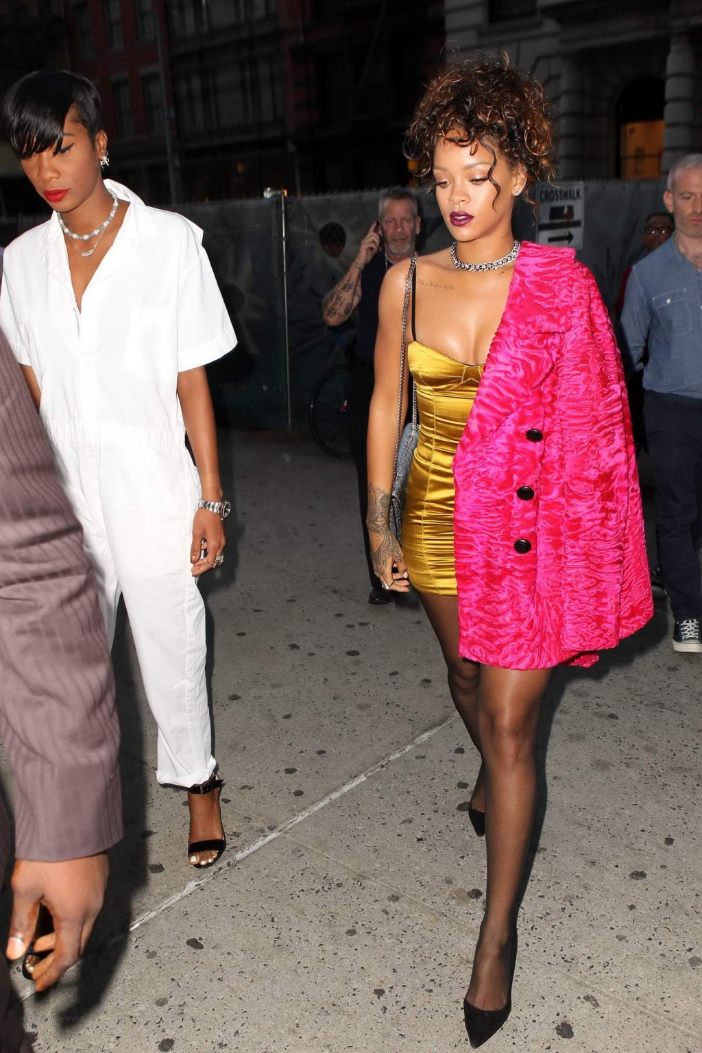 Rihanna shows cleavage and legs wearing a little yellow dress outside Nobu resta #75183428