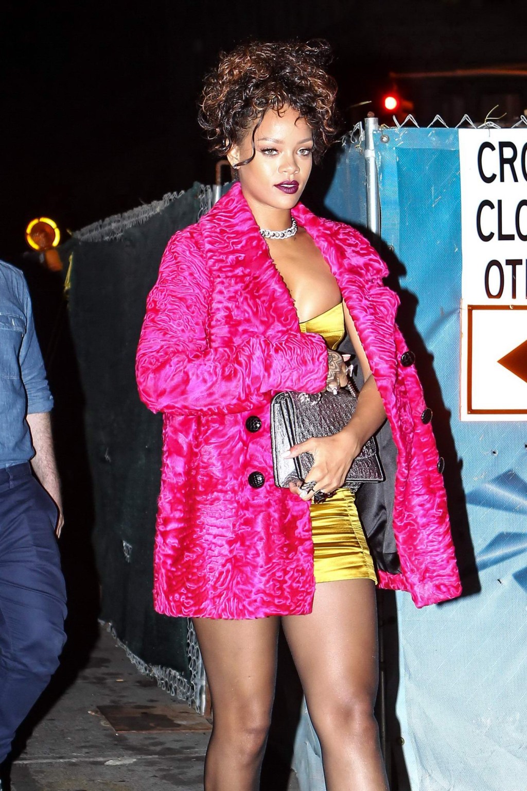 Rihanna shows cleavage and legs wearing a little yellow dress outside Nobu resta #75183455