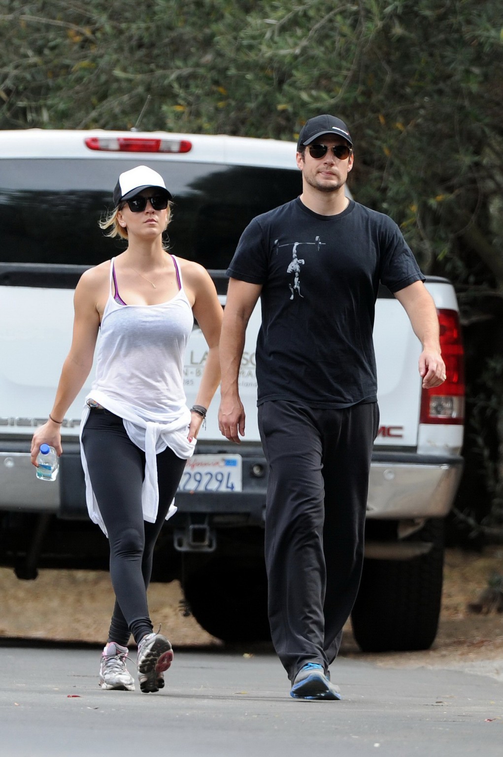 Kaley Cuoco wearing transparent tank top and tights while hiking on Hollywood Hi #75225629