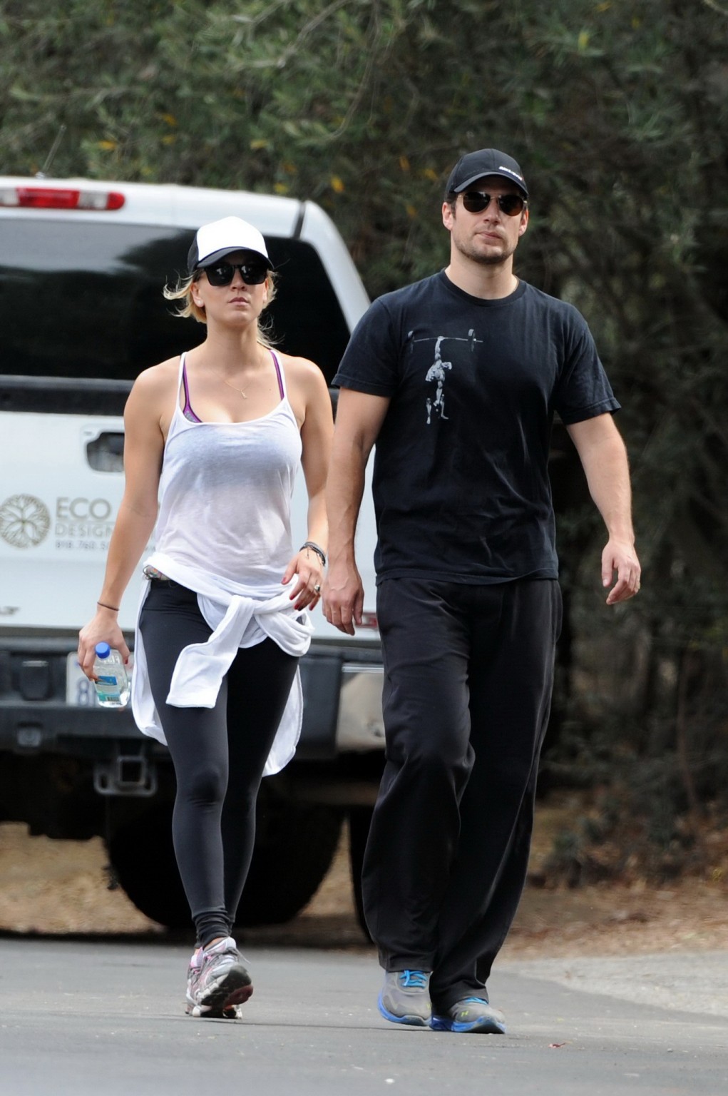 Kaley Cuoco wearing transparent tank top and tights while hiking on Hollywood Hi #75225636